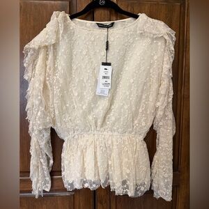 KAS New York Cream Lace Ruffle Peplum Blouse